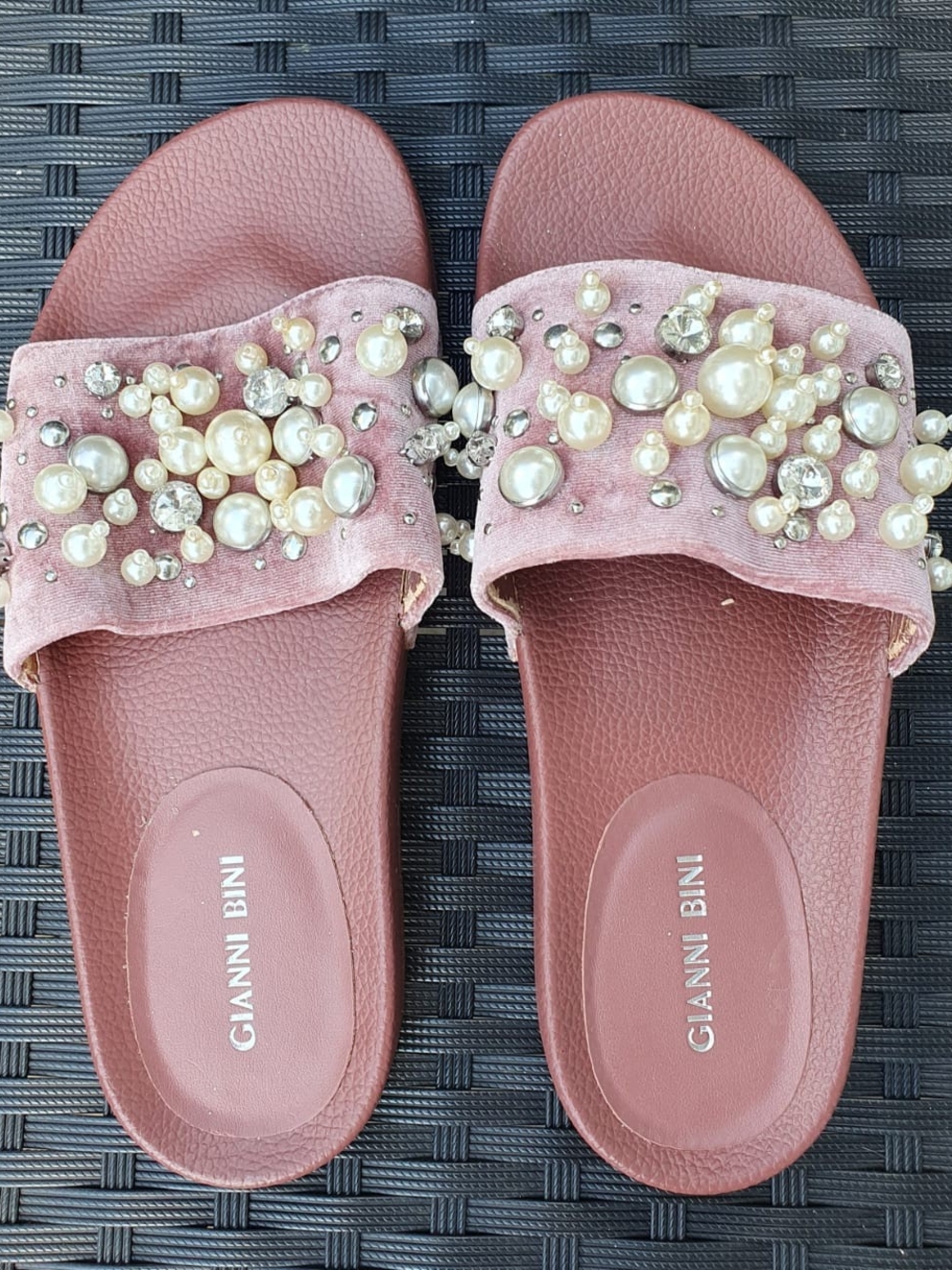 Gianni Bini Dusty Pink Pearl & Crystal Embellished Slide Sandals